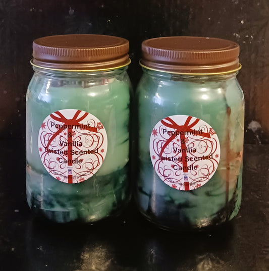 2pc Set Twisted Peppermint & Vanilla Scented Mason Jar Candle/Green